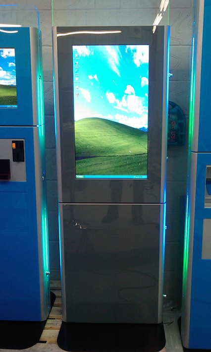 This kiosk, comes with interactive 19'' display. At the rear of the unit a large passive of interactive second screen could replace the static advertisment area.